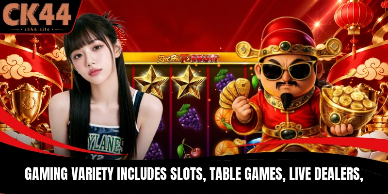 Gaming variety includes slots, table games, live dealers,
